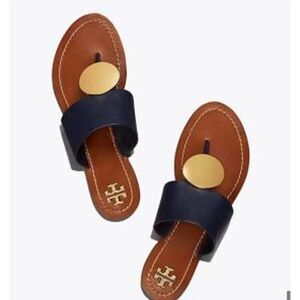 Tory Burch Patos Disk Sandal Navy Blue Leather Slip On Size 5 Slide $258.00